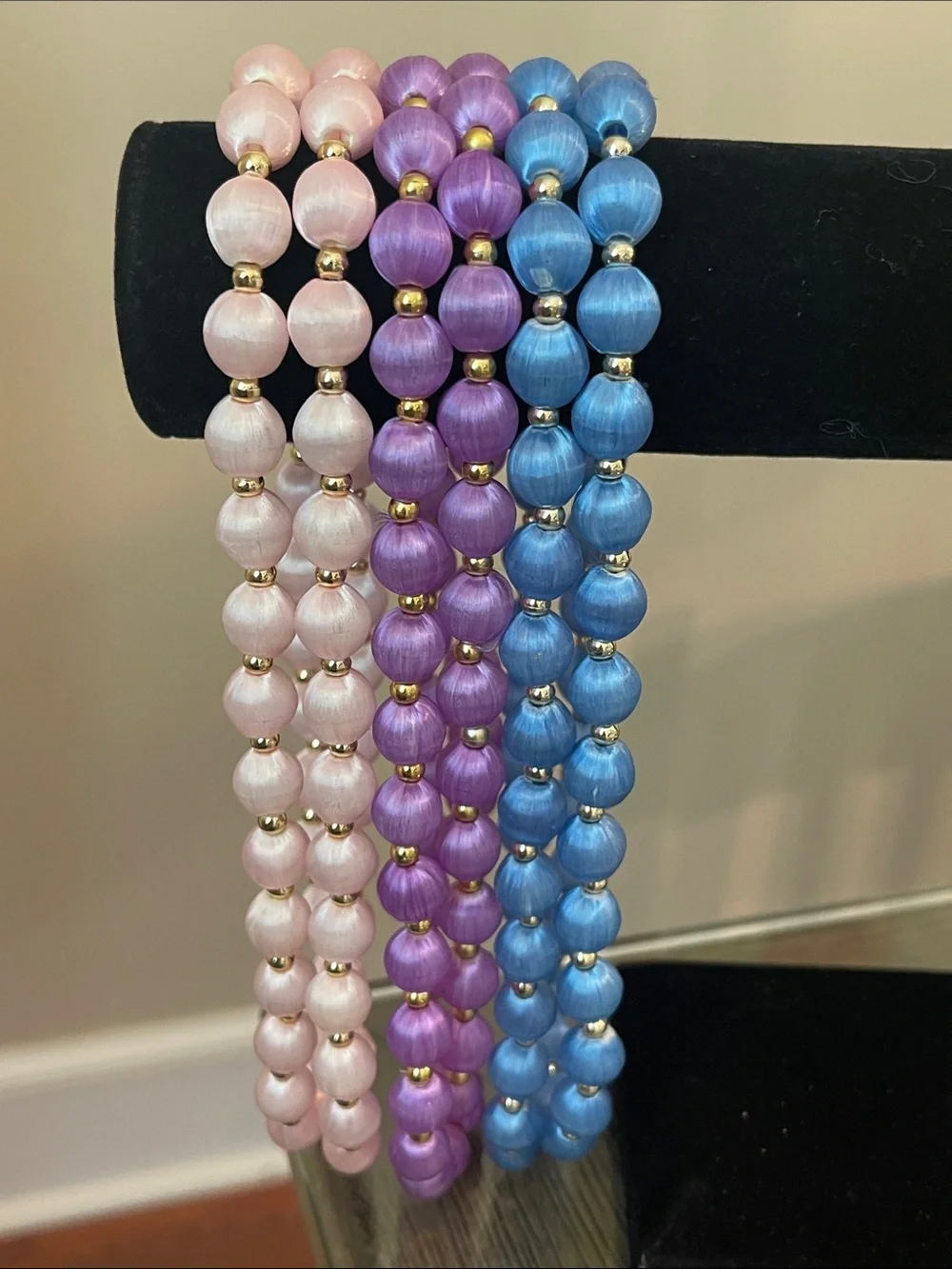 Vintage 3 Necklaces with Spun Silk Satin Beads Gold Tone Spacers 30 In. Approx